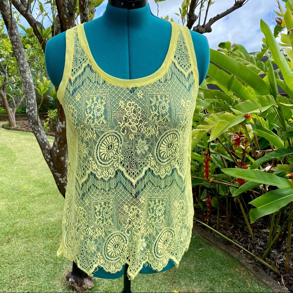 Forever 21 Yellow Sheer Lace Tank Top